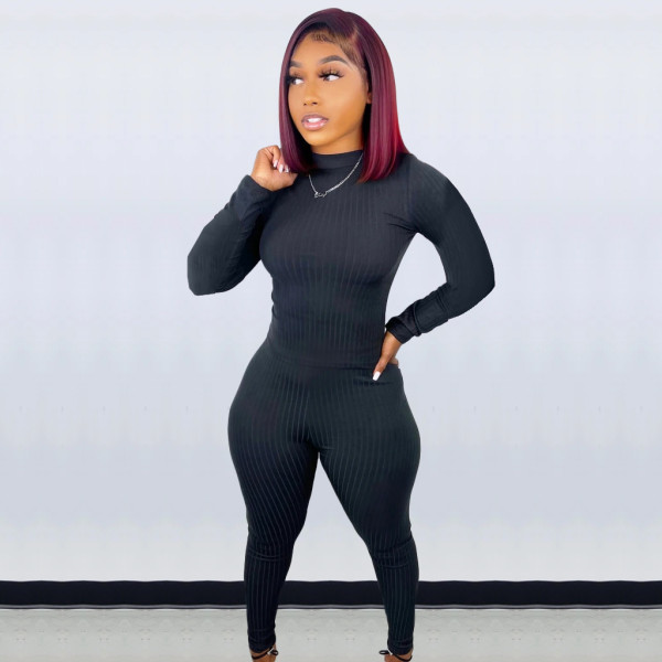 Fashion solid color pit strip slim long-sleeved trousers elastic waist autumn two-piece suit X9332