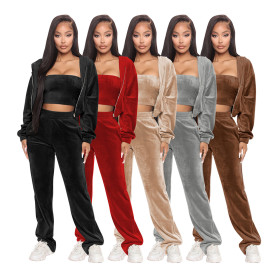 Quality sports suit female Korean velvet hooded three-piece suit D88137