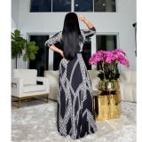 Women's Fashion Printed V-neck, High-Waist, Big Swing Dress X9330