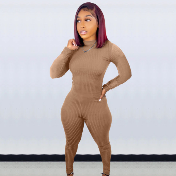 Fashion solid color pit strip slim long-sleeved trousers elastic waist autumn two-piece suit X9332