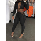 Quality long-sleeved solid color two-piece sexy suit D88133