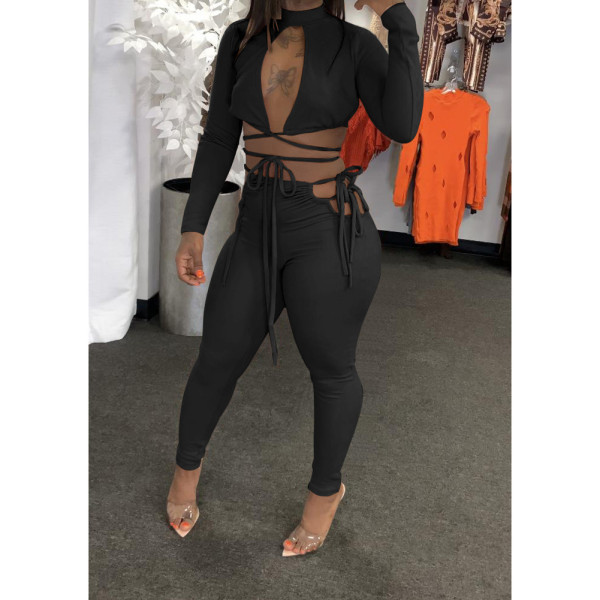 Quality long-sleeved solid color two-piece sexy suit D88133