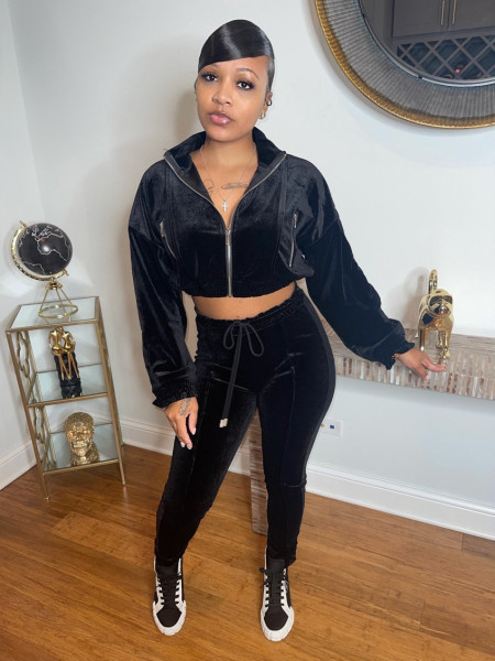 Women's fashion Korean velvet zipper sports elastic waist trousers two-piece suit X9333