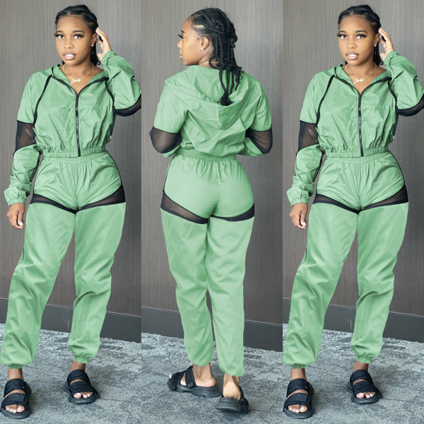 Fashion leisure hooded mesh stitching sports waterproof two-piece suit YF8052