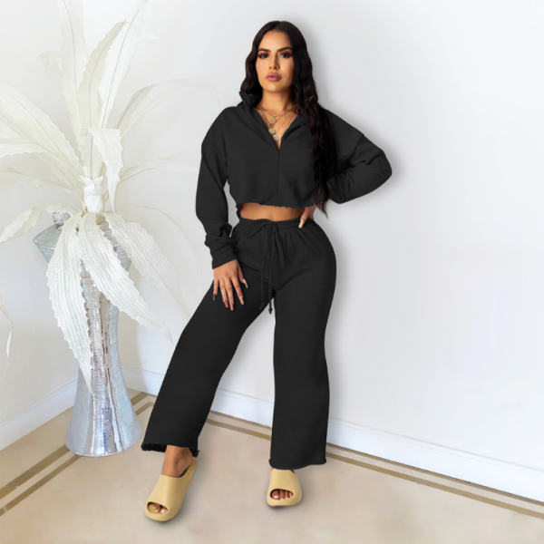 Autumn and winter two-piece long-sleeved zipper loose pants solid color suit D88128