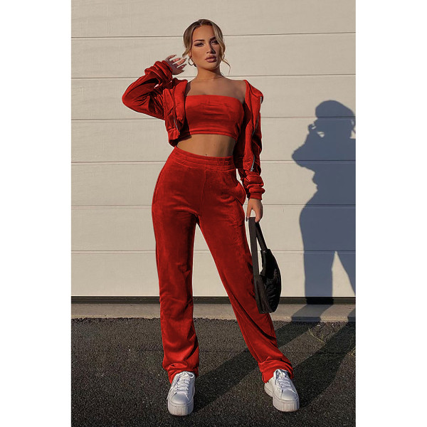 Quality sports suit female Korean velvet hooded three-piece suit D88137