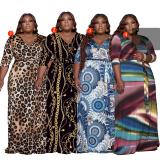 Fashionable Women's Printed V-Neck Sweater Dress X9326
