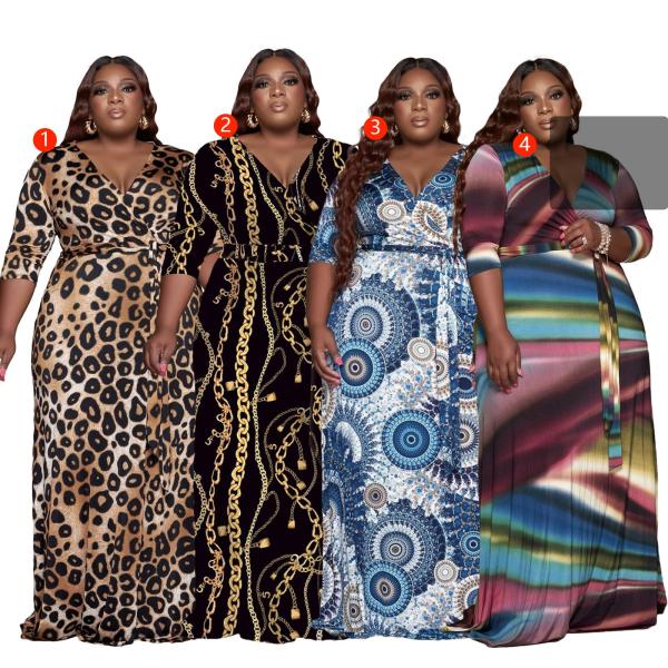 Fashionable Women's Printed V-Neck Sweater Dress X9326