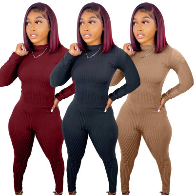 Fashion solid color pit strip slim long-sleeved trousers elastic waist autumn two-piece suit X9332