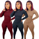 Fashion solid color pit strip slim long-sleeved trousers elastic waist autumn two-piece suit X9332