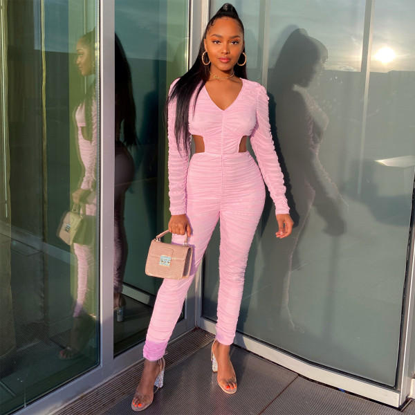 Sexy zipper pleated long-sleeved V-neck jumpsuit YF8055