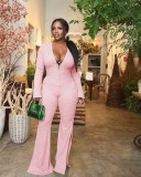 Ribbed deep V flared wide-leg jumpsuit X1155