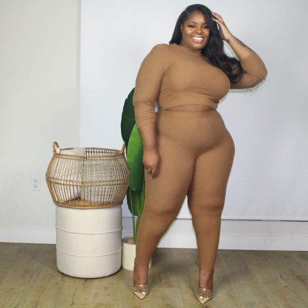 Large size women's autumn and winter new style solid color pitted thread long-sleeved two-piece suit TC097