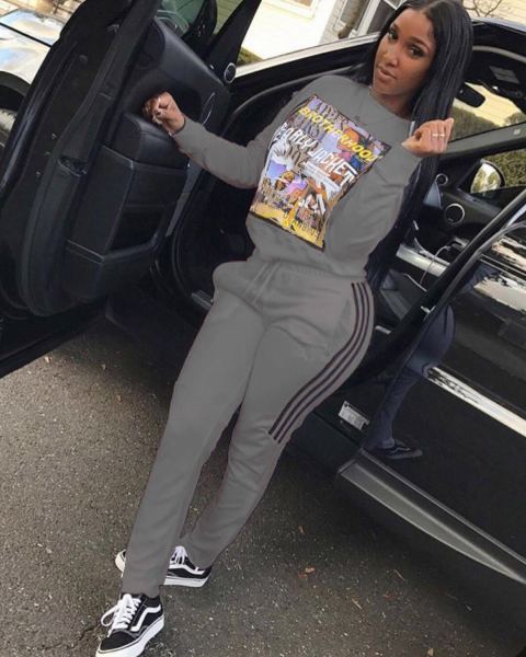 Autumn and winter women's fashion sexy self-cultivation street casual sports style printed two-piece suit D80079