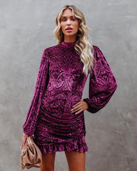 Autumn and winter new style velvet burnt flower temperament ruffled irregular fashion dress S21S5049