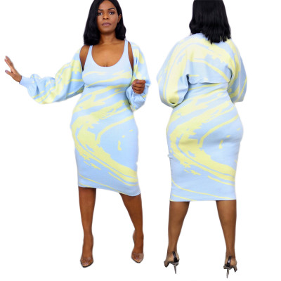 Women's autumn and winter two-piece skirt suit printed midi skirt suit XT8123