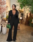 Ribbed deep V flared wide-leg jumpsuit X1155