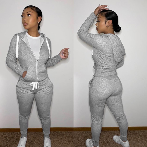 Women's autumn and winter new fleece sweater sports and leisure suit thickened zipper hooded two-piece suit F179