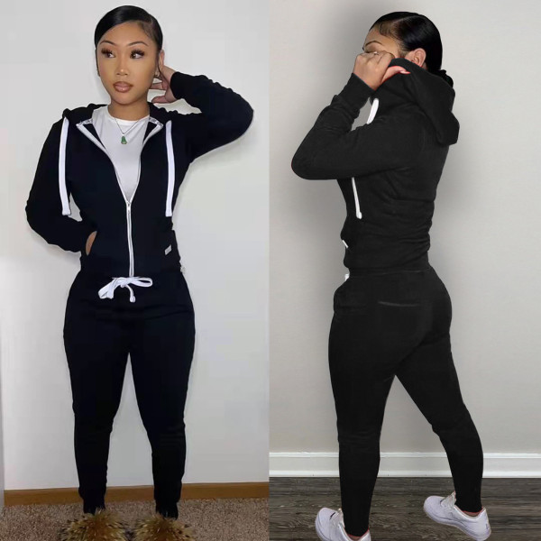 Women's autumn and winter new fleece sweater sports and leisure suit thickened zipper hooded two-piece suit F179