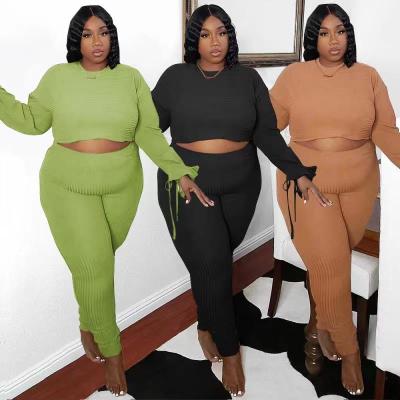 Solid color pit strip round neck long sleeve fashion loose fit two-piece suit D80080