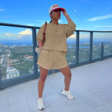 Women's solid color fashion sports loose and comfortable round neck long-sleeved shorts sweater two-piece suit Y8101
