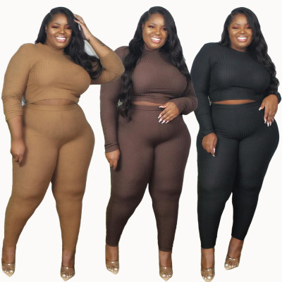 Large size women's autumn and winter new style solid color pitted thread long-sleeved two-piece suit TC097