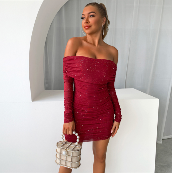 Explosive women's sexy one-word collar off-shoulder pleated evening dress short skirt summer dress D623546130216