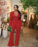 Ribbed deep V flared wide-leg jumpsuit X1155