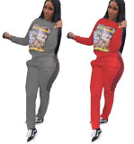 Autumn and winter women's fashion sexy self-cultivation street casual sports style printed two-piece suit D80079