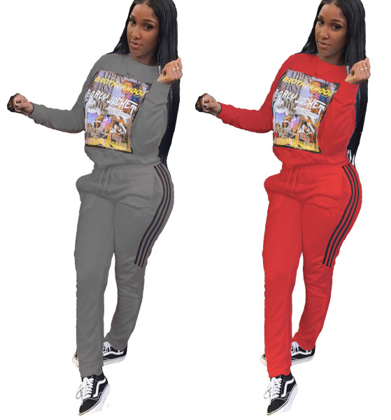 Autumn and winter women's fashion sexy self-cultivation street casual sports style printed two-piece suit D80079
