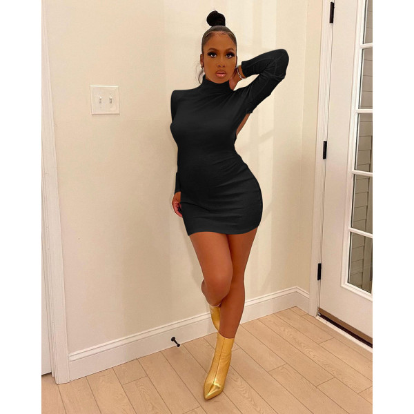 Pure color high-elastic cotton long-sleeved sexy backless nightclub style dress YM229