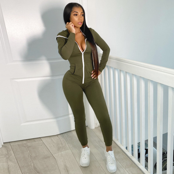2021 autumn and winter new women's solid color zipper personality hooded sports fitness jumpsuit P0A3597W