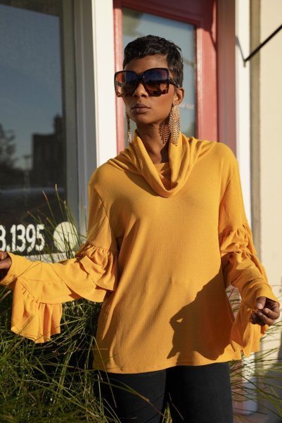 Women's solid color irregular stitching long-sleeved turtleneck top LS8025
