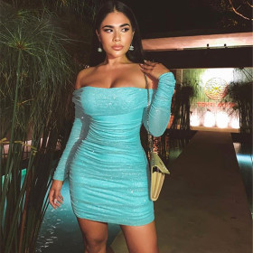 Explosive women's sexy one-word collar off-shoulder pleated evening dress short skirt summer dress D623546130216