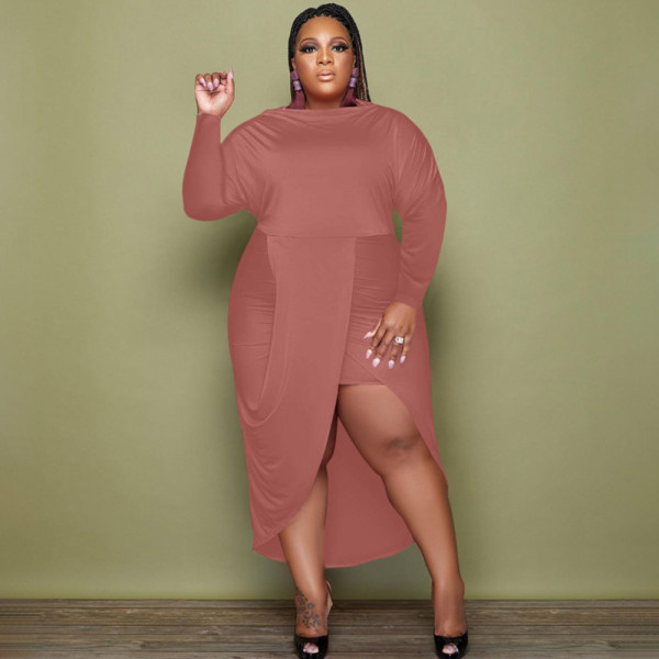 Autumn and winter new slim plus size solid color long-sleeved sexy fake two-piece dress MY084