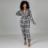 2021 Checked Woven Lapel Collar Waist Loose Zipper Pocket Jumpsuit XY88081