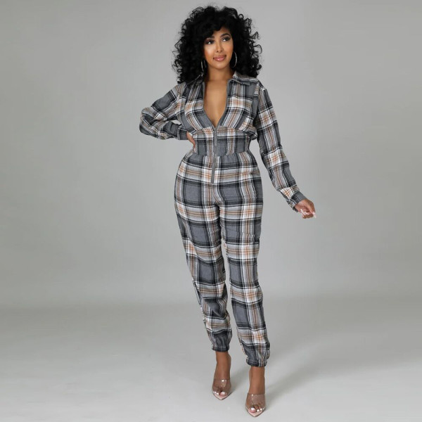 2021 Checked Woven Lapel Collar Waist Loose Zipper Pocket Jumpsuit XY88081