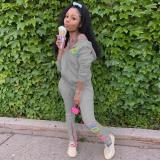 Women's fashion solid color embroidered letters hooded sports suit NY88050