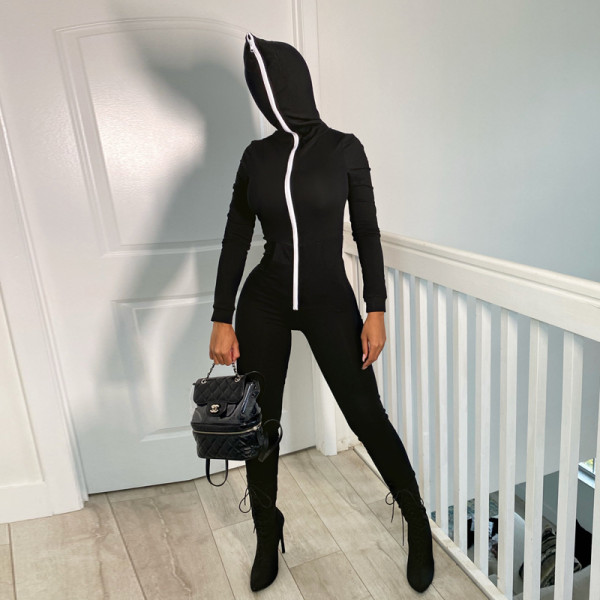 2021 autumn and winter new women's solid color zipper personality hooded sports fitness jumpsuit P0A3597W