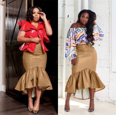 Autumn and winter new product half-length leather skirt European and American trend fashion ruffled half-length leather skirt LS6481