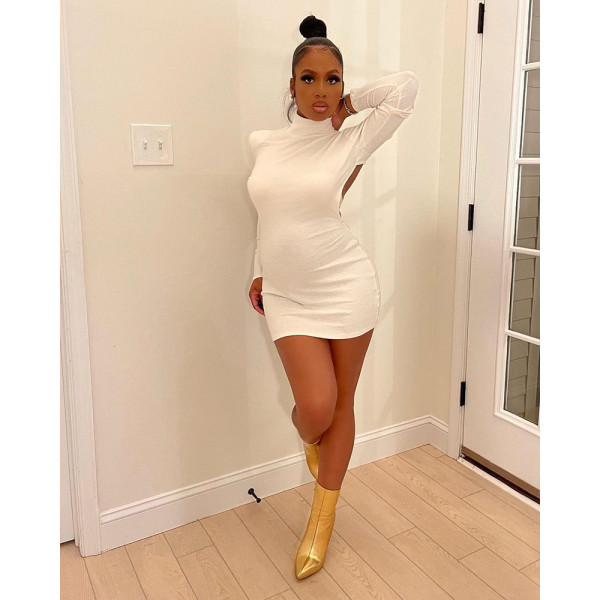 Pure color high-elastic cotton long-sleeved sexy backless nightclub style dress YM229