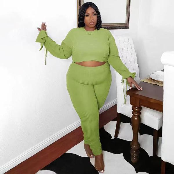 Solid color pit strip round neck long sleeve fashion loose fit two-piece suit D80080