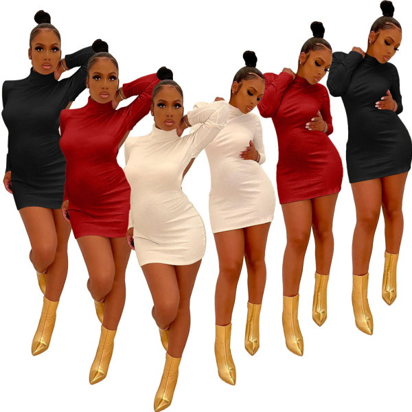 Pure color high-elastic cotton long-sleeved sexy backless nightclub style dress YM229
