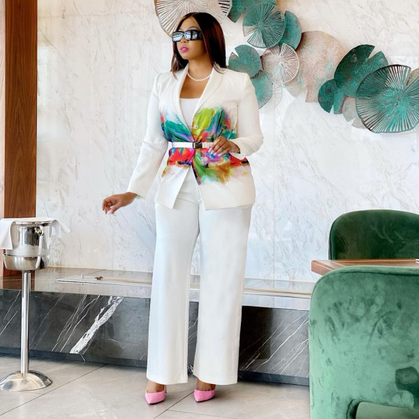 Casual Ladies Fashion Suit Loose Straight Pants Printed Small Suit Two-piece Suit F178