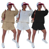 Women's solid color fashion sports loose and comfortable round neck long-sleeved shorts sweater two-piece suit Y8101