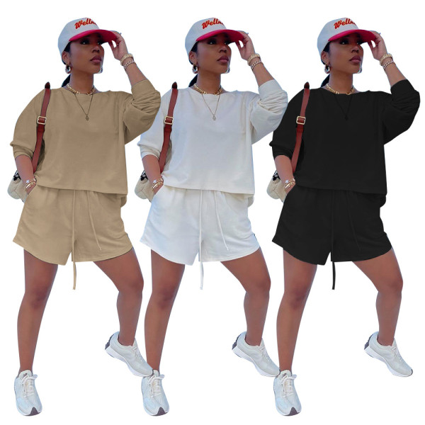 Women's solid color fashion sports loose and comfortable round neck long-sleeved shorts sweater two-piece suit Y8101
