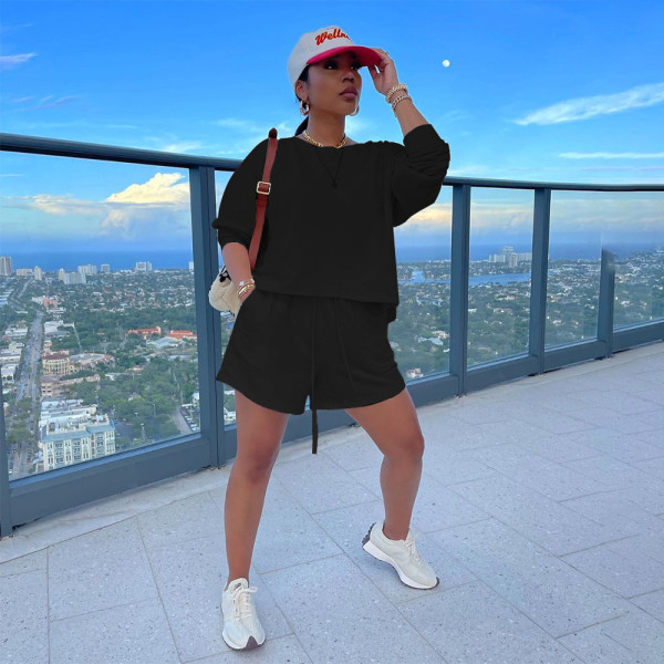 Women's solid color fashion sports loose and comfortable round neck long-sleeved shorts sweater two-piece suit Y8101