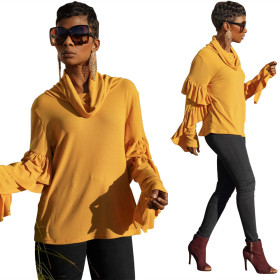 Women's solid color irregular stitching long-sleeved turtleneck top LS8025
