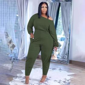 Plus size women's autumn and winter new solid color loose sports leisure off-the-shoulder top two-piece D80078
