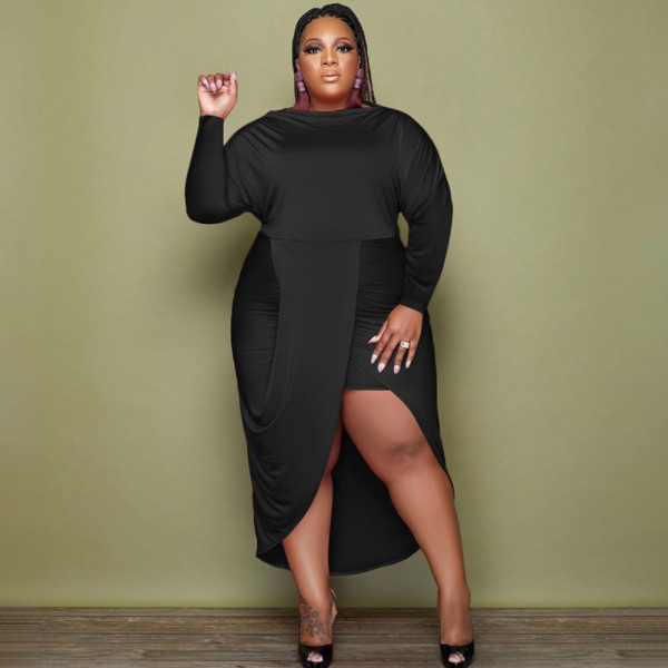 Autumn and winter new slim plus size solid color long-sleeved sexy fake two-piece dress MY084